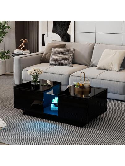 Sairedel Moderne LED Coffee Tafel Drawers 100 50 35 Cm, Wit High Gloss Side Verlichting Acrylic Top, MDF Living Room, Bedroom