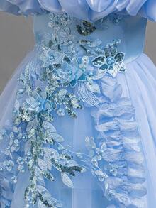 Váy chữ A trang trí ren và hoa đính cườm thanh lịch, váy công chúa ngắn phía trước dài phía sau, thích hợp cho bé gái rải hoa, đám cưới, biểu diễn sân khấu - Màu xanh lam - Xem 8