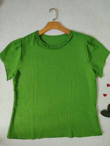 Smile Fashion Plus Size Blouse Short Sleeve Dune Fabric - Olive Green - View 3