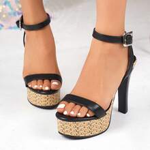 1 双女士厚底高跟凉鞋，波西米亚性感闪光扣带，简约带子设计，时尚百搭，舒适稳定，适合日常办公室穿着