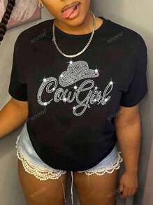 Vibrant Cowgirl Pattern Short Sleeve T-Shirt With Brilliant Diamond Bling Bling, Loose Casual For Women, Suitable For Holidays, Parties, And All Seasons