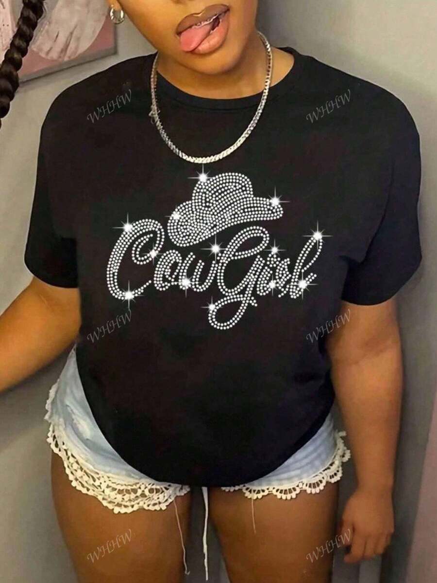 Vibrant Cowgirl Pattern Short Sleeve T-Shirt With Brilliant Diamond Bling Bling, Loose Casual For Women, Suitable For Holidays, Parties, And All Seasons