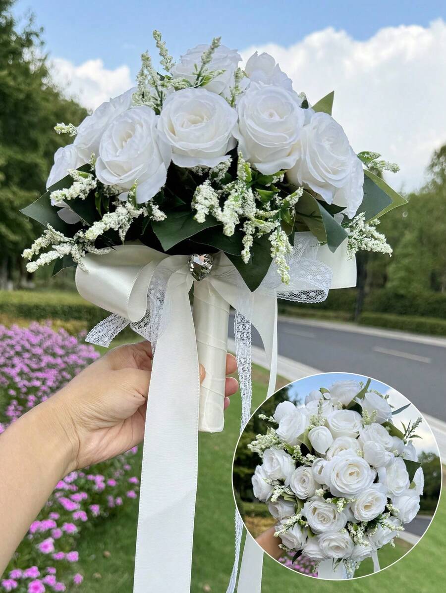 1 件婚礼新娘伴娘花束，西式人造玫瑰、小麦、绿叶仿真花束，户外婚礼新娘摄影蕾丝装饰花束，情人节婚礼派对抛花束 - 彩色 - 查看 1