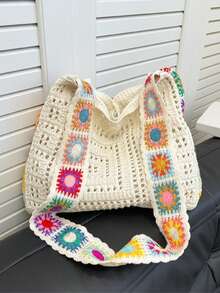 Dedoo 时尚波西米亚风多色斜挎单肩包，镂空编织奶奶格纹钩针图案，适合海滩度假或音乐节，大容量敞口手提包，米色涤纶材质，适合休闲外出和海滩度假，沙滩手提包，旅行配件，波西米亚风格，编织纹理，大容量手提包，度假必备，适合工作、返校、波西米亚风穿搭、沙滩包、钩针编织、假日 - 白色 - 查看 7