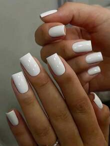 24Pcs Medium Length Square Full Cover Solid Color Press-On Nails Set With 1Pc Jelly Gel And 1Pc Nail File, Shine Bright Nail Supplies Nails - White - View 1