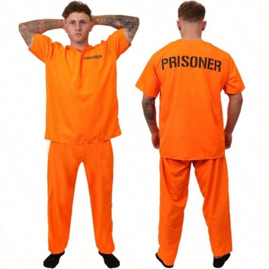 1 Set Adult Cosplay Costume, Prison Convict Outfit Halloween - Orange - View 1