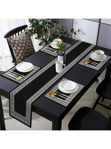 Set de mantel de estilo griego, que incluye manteles individuales lavables y mosquetes en negro, azul y beige con patrón geométrico de líneas florales, adecuado para comedor, sala de estar, cocina, decoración del hogar, contra decoración en estilo vintage, estampado minimalista de doble color o sólido, antideslizante, fácil de limpiar, regalo ideal, multiusos, suave y fácil almacenamiento - Multicolor - Ver 15