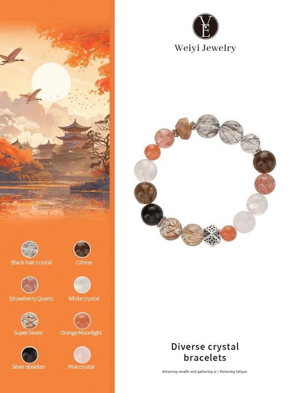 VE [VE] 1pc High-Quality S925 Silver Natural Multi-Gem Crystal Bracelet With Black Agate, White Quartz, Emotion-Regulating Gift. Matched With Rutilated Quartz, Strawberry Quartz, Moonstone, Sunstone, Pink Quartz, Suitable For Self, Girlfriend, Friend, Mother. Assorted Jewelry Colors