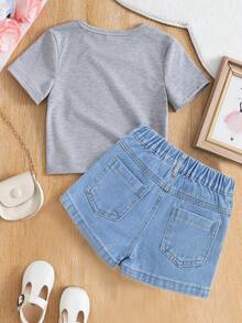 女童蝴蝶印花短袖上衣和牛仔短裤套装，夏季
