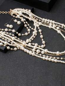 Elegant Retro Imitation Pearl Jewelry Set, Elegant Necklace And Earrings, Suitable For Banquets And Formal Occasions, Fashionable Jewelry - Golden - View 2