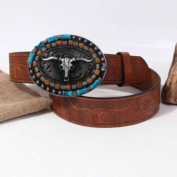 1pc Western Cowboy Retro Men's Belt, Vintage Embossed Leather Belt With Metal Buckle, Punk Street Style
