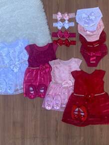 Kit 3 vestidos luxo festa bebê + 3 calcinha bunda rica + 3 laço luxo + sapatinho princesa baby