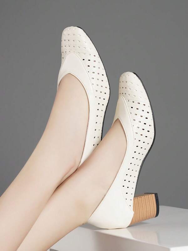Teens' High Heel Slip-On Pumps, Beige Chunky Heel, Breathable Hollow-Out, Comfortable Square Toe, Fashion High Heels