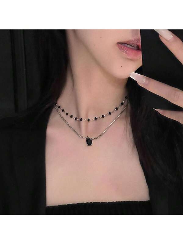 1pc Black Double Layer Diamante Inlaid Necklace, Minimalist Luxury Collarbones Chain For Women, Black Butterfly
