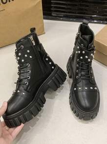 女式2025厚底休闲踝靴，系带，粗跟，防滑 - 黑色 - 查看 9