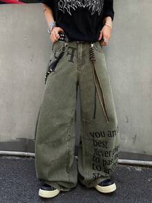 1 chiếc quần ống loe nam hiệu Infinite Jeans kiểu dáng thường ngày, họa tiết chắp vá, in cá tính, dáng rộng thoải mái, phong cách đường phố (Sản phẩm không bao gồm thắt lưng và phụ kiện) - xanh quân đội - Xem 4
