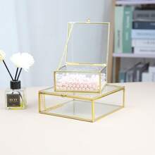 Minimalist Home Decor Desktop Ornament, Transparent Glass With Pure Copper Edging, Embedded Glass Vanity Organizer Box, Cosmetic Display Dust-Proof Jewelry Box - Gold - View 2