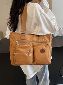 Nuevo bolso de mujer tipo tote de gran capacidad, estilo retro, de unicolor, versátil y elegante, bolso de hombro casual y simple, con correa de hombro ajustable, adecuado para salir, citas, compras y uso diario. - Marrón - Ver 3