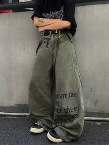 1 chiếc quần ống loe nam hiệu Infinite Jeans kiểu dáng thường ngày, họa tiết chắp vá, in cá tính, dáng rộng thoải mái, phong cách đường phố (Sản phẩm không bao gồm thắt lưng và phụ kiện) - xanh quân đội - Xem 5