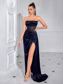 High-Grade Long Skirt Korean Velvet Tube Top Sexy Party Evening Dress Women's Dress - Hải quân - Xem 1