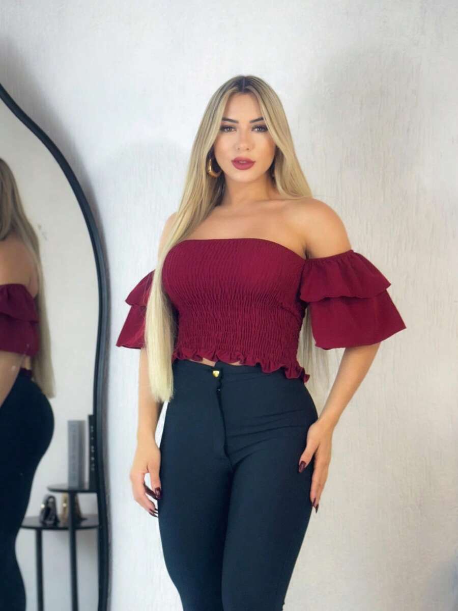 Simple Ruffle Hem Pleated Gathered - Burgundy - View 1