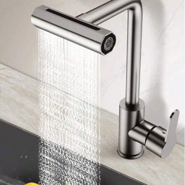4-Mode Waterfall Sink Faucet, Stainless Steel Kitchen Faucet With Hot And Cold Water, 360° Swivel Ceramic Valve Deck Mount Bathroom/Kitchen/RV Faucet