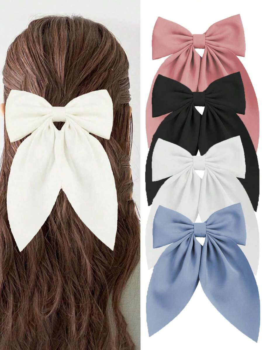 Bộ 4 kẹp tóc nơ đa năng tối giản, có các màu đen, trắng, hồng, xanh dương, phù hợp cho bé gái, phụ kiện tóc thời trang cho trường học và sử dụng hàng ngày, kẹp tóc nơ.