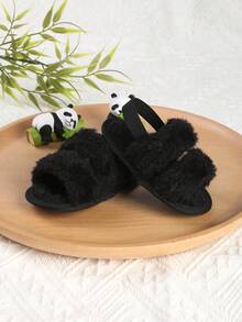 1 Pair Girls & Boys Thermal Lined Elastic Band Slip-On Design Infant Toddler Sandals & Slippers Slippers, Winter - Black - View 7