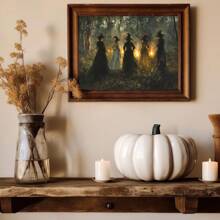 1 pieza, Arte de pared de lienzo de Halloween, Impresión de arte de pared de bruja vintage, Descarga de arte de pared de estilo melancólico, Decoración de estilo rural de arte oscuro, Adecuado para otoño, Halloween, Temporada de fantasía y terror, Decoración de bruja