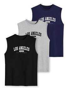 Herren Lässig Ärmellos Top Set in Große Größen 1XL-5XL, 3 Stück Sommer Englisch Buchstaben Muster Top, Schwarz/Grau/Blau, vielseitig - Verschiedenfarbig - Übersicht 2