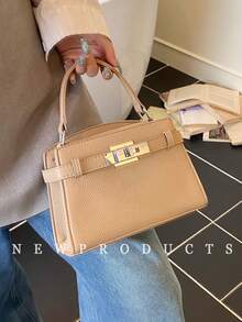 low tea 新款夏季荔枝纹女士手提包，时尚可调节肩带斜挎包，简约纯色高端金属装饰单肩通勤包 - 卡其色 - 查看 7