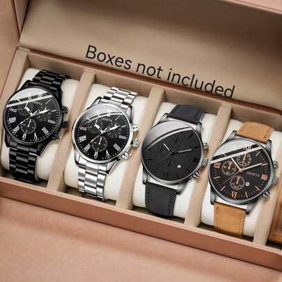 4件套男士时尚休闲商务混合刻度日历功能圆形表盘石英表组合套装，适合日常佩戴或节日送礼