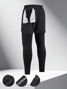 男士 1 套弹力速干运动裤，透气健身紧身裤，带手机口袋，双层面料抽绳腰部，适合跑步、慢跑、健身房训练、秋季 - 黑色 - 查看 4