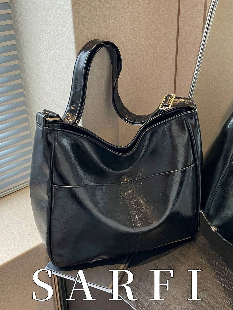 Bolso de hombro de mujer de estilo de moda, sencillo y clásico, con diseño de asa ajustable y cruzada, de tela texturizada de unicolor casual y versátil, adecuado para el uso diario de estudiantes universitarios, con gran capacidad de almacenamiento