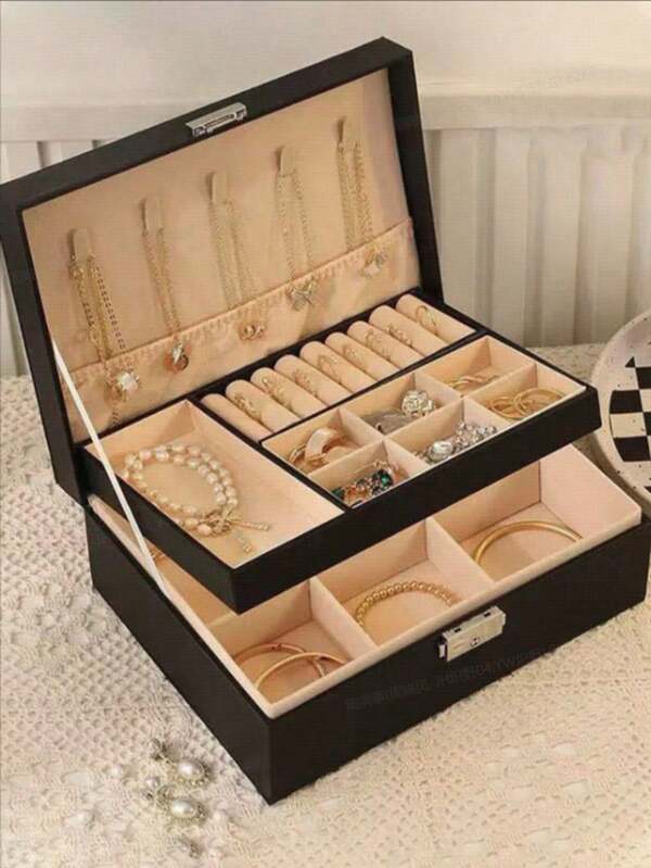 1 pieza Joyero de doble capa de gran capacidad, caja de exhibición de joyas de PU, caja de almacenamiento de joyas de lujo con cerradura, accesorios de almacenamiento de joyas para el hogar, adecuado para collares, aretes, anillos, pulseras, etc., regalos para fiestas, regalos de regreso a la escuela. Artículos esenciales de viaje, accesorios de viaje, bolsa de viaje, artículos escolares, caja de joyas, organizador de joyas