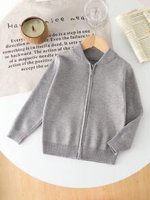 1 szt. Chłopięcy sweter w stylu college'u, jednolity kolor, okrągły dekolt, dzianinowy kardigan, szary, modny, długi rękaw, swobodny sweter z zamkiem błyskawicznym