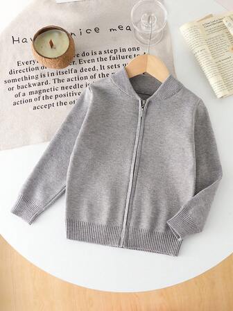 1 pieza Cárdigan de punto con cuello redondo de unicolor estilo universitario para niños, suéter casual de manga larga de moda con cremallera, gris