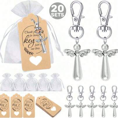20pcs Silver Angel Wing Phone Charms, Includes 20pcs Rings, 20pcs Thank You Cards And Organza Bags, Suitable As Gifts For Baptism, Wedding And Other Occasions