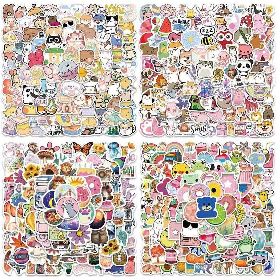 200pcs Cute Cartoon Animal & Object Stickers, Reusable Vinyl Decals For Phone Cases, Laptops, Water Bottles, Notebooks - Vibrant Colors, Matte Finish, Fun Designs (Whale, Panda, Cat, Dog, Food, Space, Fruit), Adorable Stickers, Water Bottle Stickers, Arts & Crafts - Multicolor - View 1