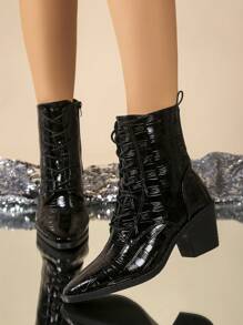 Bottes femme à 7 trous, style britannique à Talons Épais, bottes fuselées avec fermeture éclair latérale, lacets, bottes courtes , talons hauts mode, bottes  à bout carré, pour le printemps et l'automne