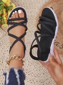 女士新款时尚厚底软中底耐磨厚底绑带松紧带凉鞋，户外休闲运动凉鞋 - 黑色1 - 查看 1
