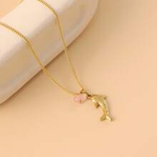 1pc Women's Stainless Steel Beach & Ocean Themed Shark Pendant Necklace With Natural Stone, Simple Everyday Necklace