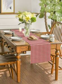 1pc Modern Minimalist Red & White Plaid Table Runner, Christmas Red Checkered Rectangular Tablecloth, Multiple Sizes Available, Perfect For Family Dining, Christmas Kitchen Decor, Home Decor, Outdoor Party And Restaurant Decoration, Outdoor Dining Table Setting, Textured Linen Appearance, Dining Table Decor