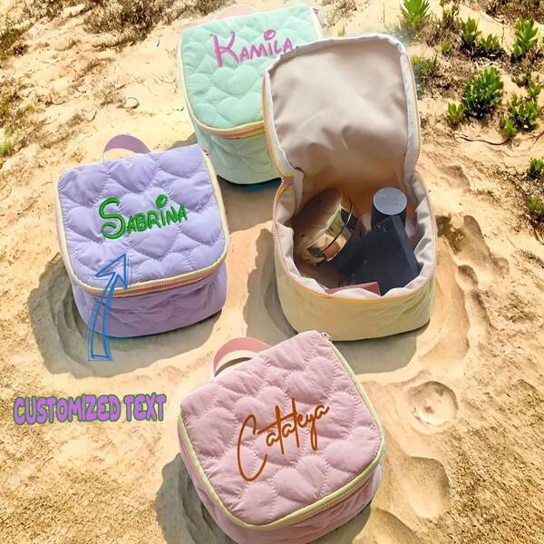 1pc Personalized Heart Embroidery Toiletry Bag, Outdoor Sports Bag, Beach Storage Bag, Makeup Bag, Travel Makeup Bag, Outdoor Beach Bag, Storage Pouch, Wedding Makeup Bag, Bridesmaid Gift, Friendship Gift, Ideal Gift