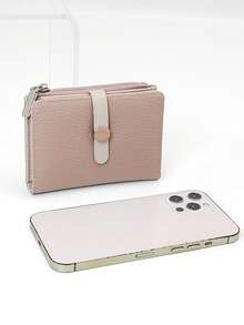 回到学校短款女士学生撞色拼接钱包，柔软 PU 多功能卡包，时尚按扣年轻学生大容量拉链零钱包，轻巧时尚，携带方便，适合作为节日礼物