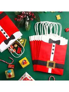 6/10 Pieces Christmas Gift Bags Large Santa Clause Suit Print Bag With Handle, Durable Kraft Paper Christmas Bags Present Wrapping Bags Candy Goodie Bags For Xmas Party Supplies
