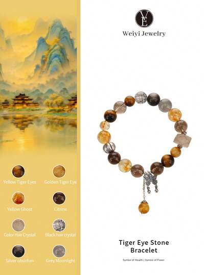  [VE] 1 pièce Bracelet en cristal naturel multistone en argent sterling S925 Chakra, comprenant de l'œil de tigre jaune, du quartz jaune, de l'agate colorée, convenant pour soi-même, pour la petite amie, le petit ami, la mère, unisexe. Couleurs de bijoux mélangées aléatoirement