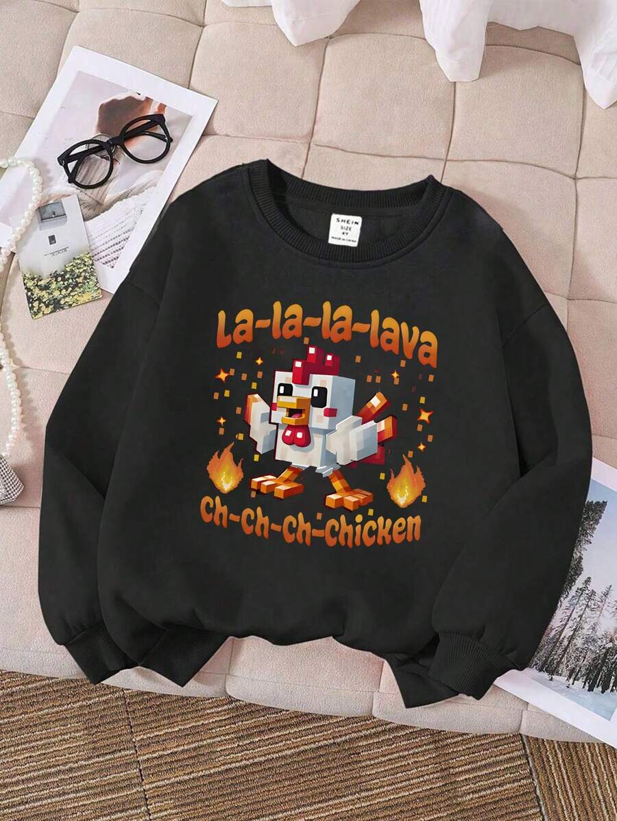 1pc Boys Pixel Chicken Print Crew Neck Long Sleeve Sweatshirt, Comfortable, Fashionable And Casual Autumn/Winter Wear For Young Boys/Teenage Boys - Black - View 1