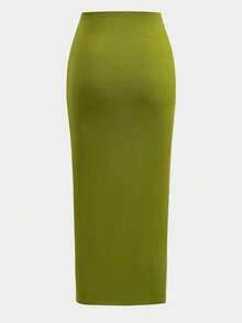 2pcs Plus Size Women Pleated Asymmetric Thigh Split Skirt And Sleeveless Crew Neck Top Set, 180G Knit Fabric