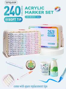 Languo 240/192/96 色专业丙烯马克笔带收纳袋 - 软头笔尖，防水绘图笔，适合学生使用，适合艺术专业绘画、木材、金属、陶瓷、织物、鸡蛋、艺术工艺品和创意项目，圣诞礼物